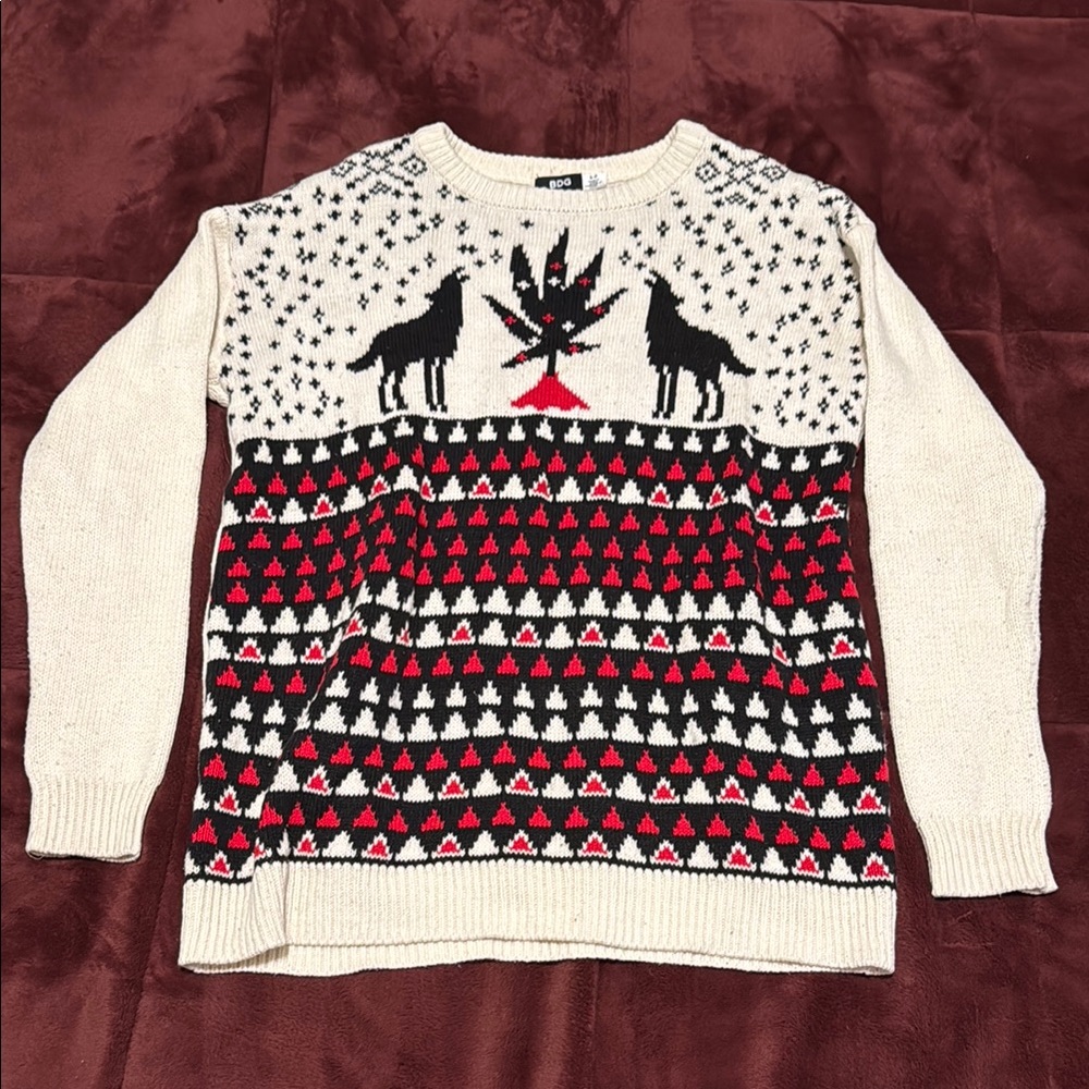 BDG Cream and Black Wolf Pattern Sweater